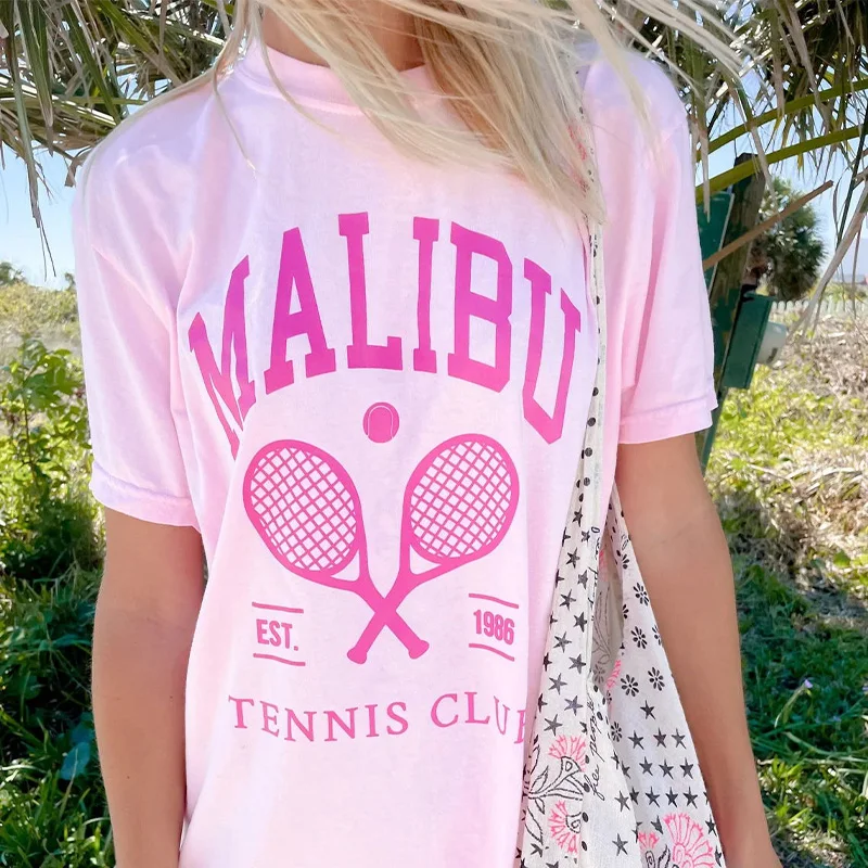 Calelinka American Malibu Tennis Club Women Y2K Pink T Shirts For Female Short Sleeve Loose Cotton Summer Casual Printing Tees