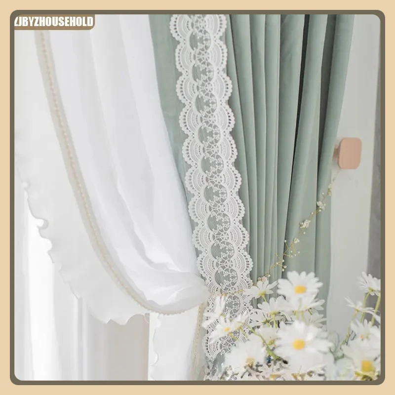 

New Avocado Green Curtains for Living Room Bedroom French Lace Romantic Girl Princess Bay Window Blackout Modern Simple Velvet