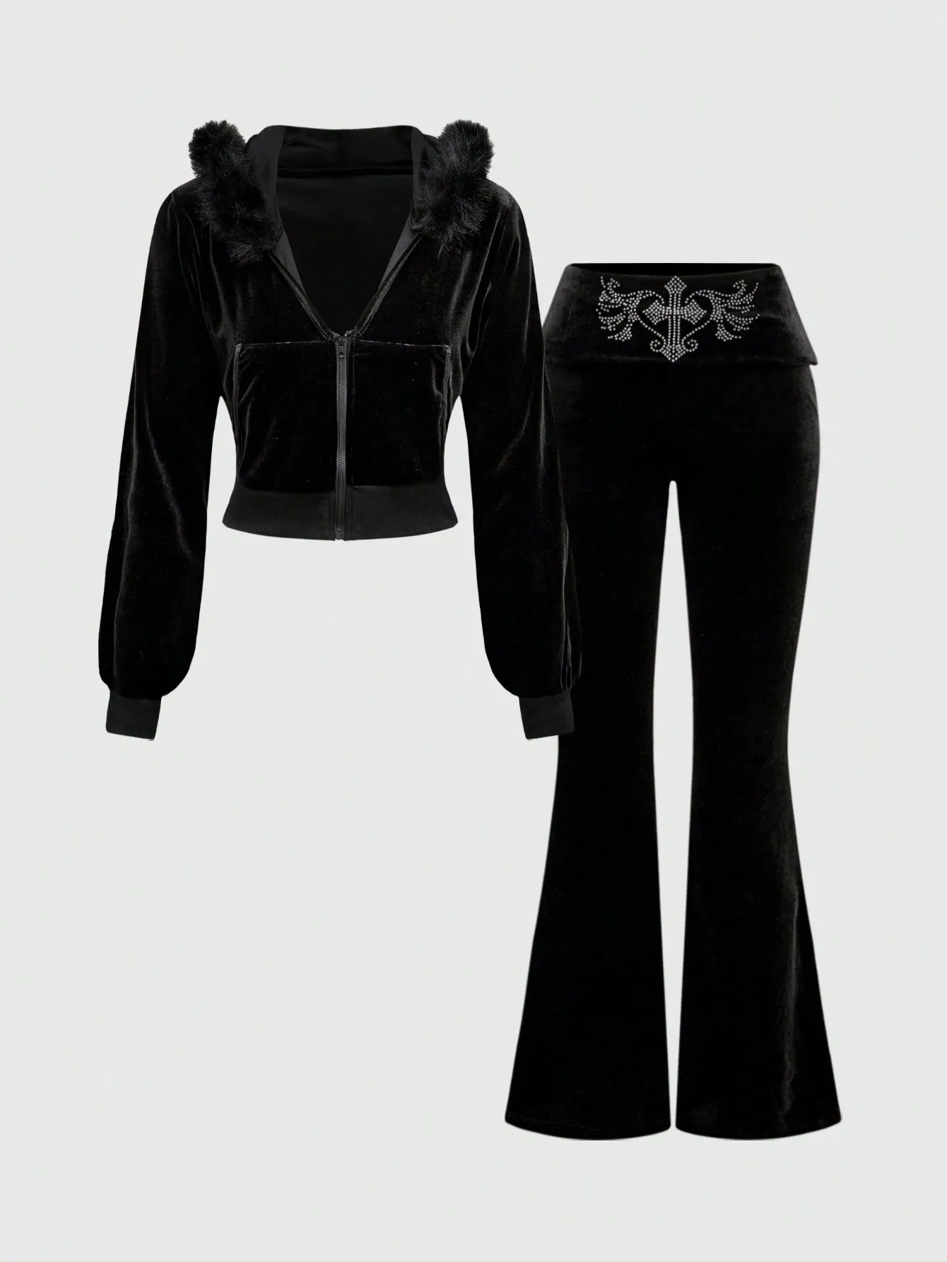 

Black Velvet Cropped Hoodie & Flare Pants 2-Piece Set with Faux Fur Trim and Rhinestone Embellishment