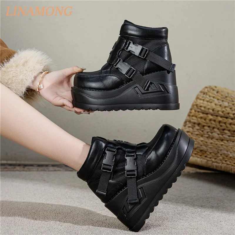 Womens Buckle Strap Ankle Boots Round Toe High Wedge Platform Sole Side Zip Closure Gothic Trend Streetwear Short Fashion Boots