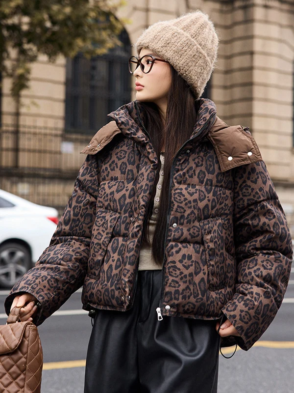 

Detachable Hat Leopard Print Cotton Jaet Women's Faion Winter Small Size Bread Sle Top Women's Coat Korean Version Stra...