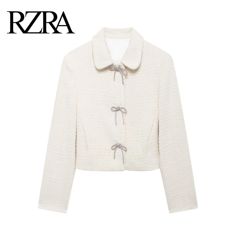 

RZRA2024 new autumn and winter women's small fragrant lapel bow button decoration slim fit textured short coat