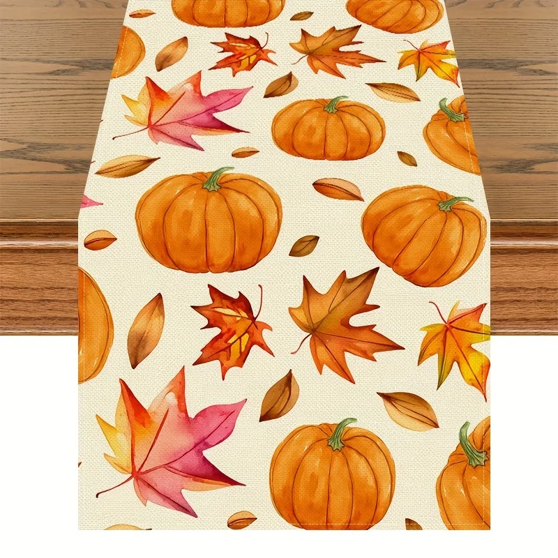 1 Piece of Autumn Pumpkin Maple Leaf Table Runner, with a Light Background and Full Watercolor-Style Pumpkin and Maple Leaf Patterns, Suitable for Autumn Family Gatherings, Pastoral-Style Restaurants, Harvest Festival Decorations, Country Homestay Decorations, Outdoor Picnics, Art Studios, Cozy Living Rooms, and Holiday Gift-Giving Scenes