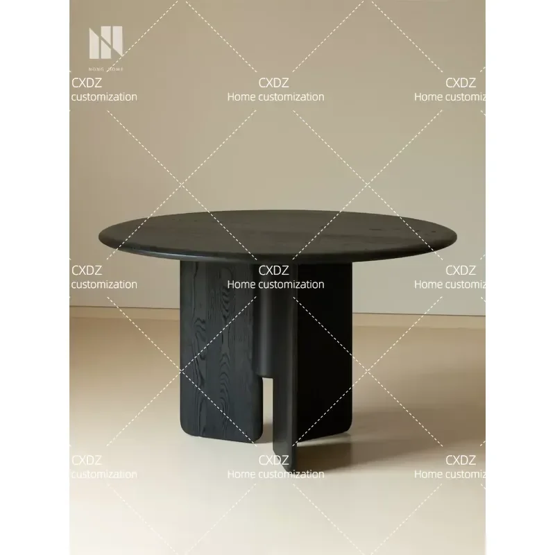 modern simple round solid wood dining table, wabi sandy wind carbonized black large round table, family dining room