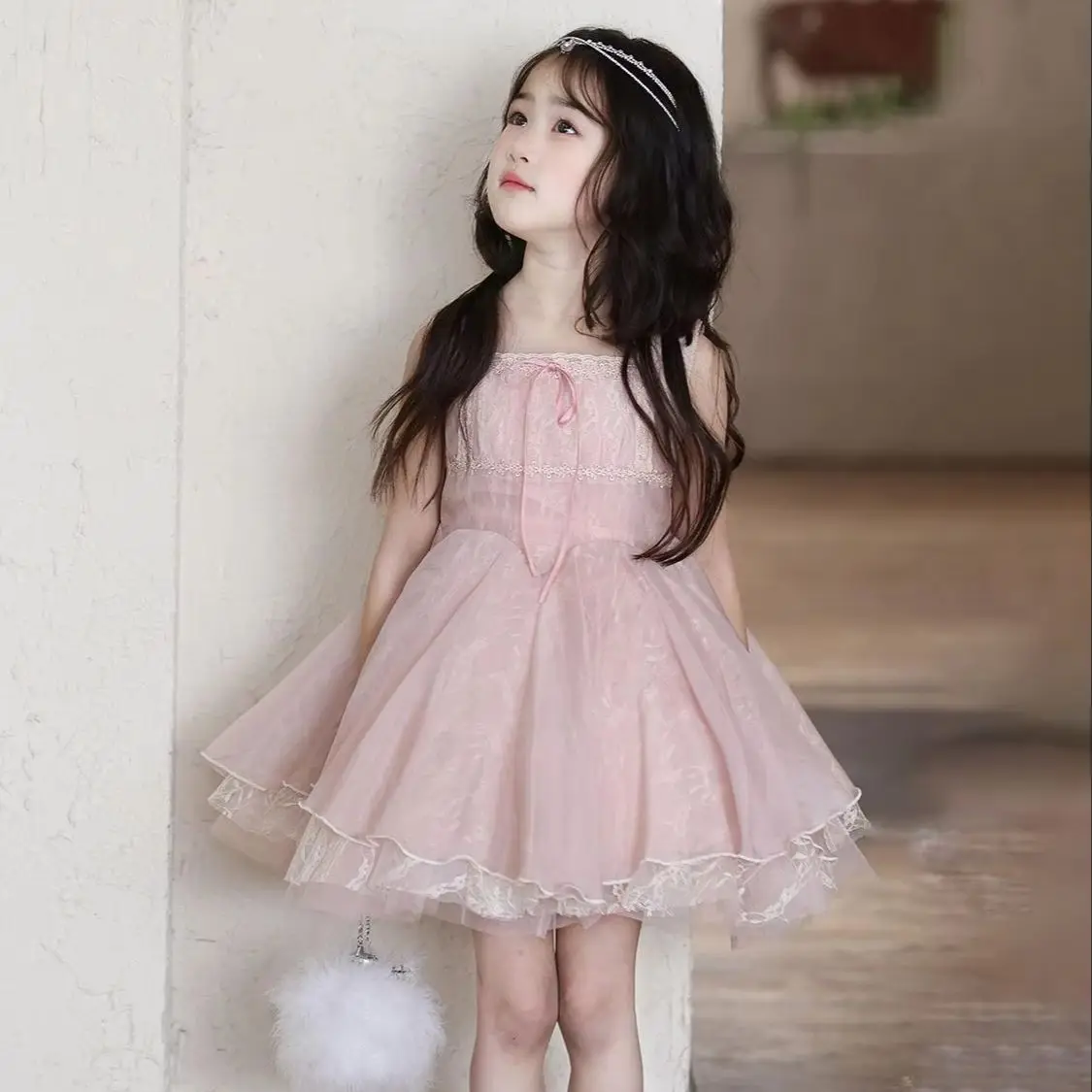 Baby Girl's Pink Lolita Dress Summer Children's Mesh Strap Pong Skirt Princess Dress