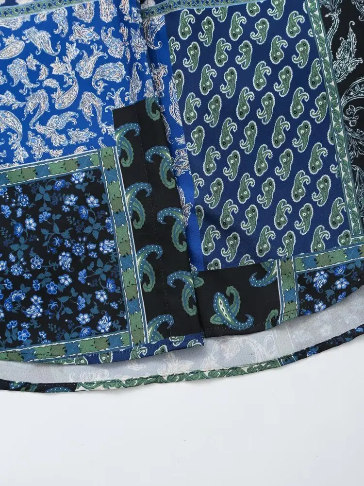 PB&ZA2025 Camicia con texture in raso di seta stampata patchwork dimagrante allentata a maniche lunghe casual versatile delle nuove donne estive