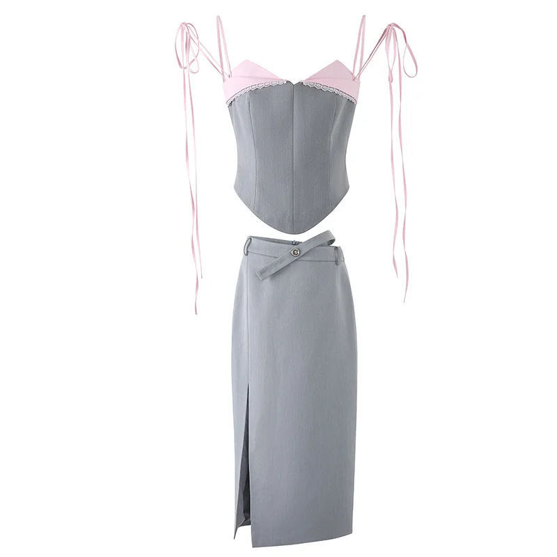 Chaleco con tirantes para mujer, falda de Color de contraste gris y Rosa de alto grado, estilo común, ajuste Delgado, estilo de viaje a la moda, combina con todo, verano