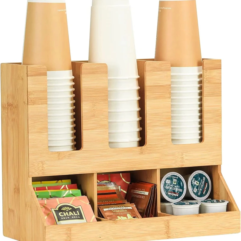 

Bamboo coffee station storage device 6-grid condiment rack breakfast room accessories, for snack tea bags disposable