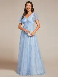 Elegant Evening Dresses Floral Tulle Deep V-Neck Short Sleeve 2024 Ever Pretty of Printing Ice blue Bridesmaid Dress