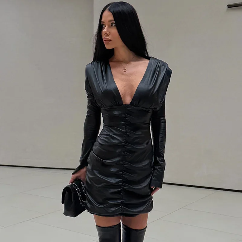 

Fmxires Sexy Plunge Slim Dress Solid Women PU Leather Ruched Long Sleeve Mini Dress Fashion New Party Clubwear Streetwear Female