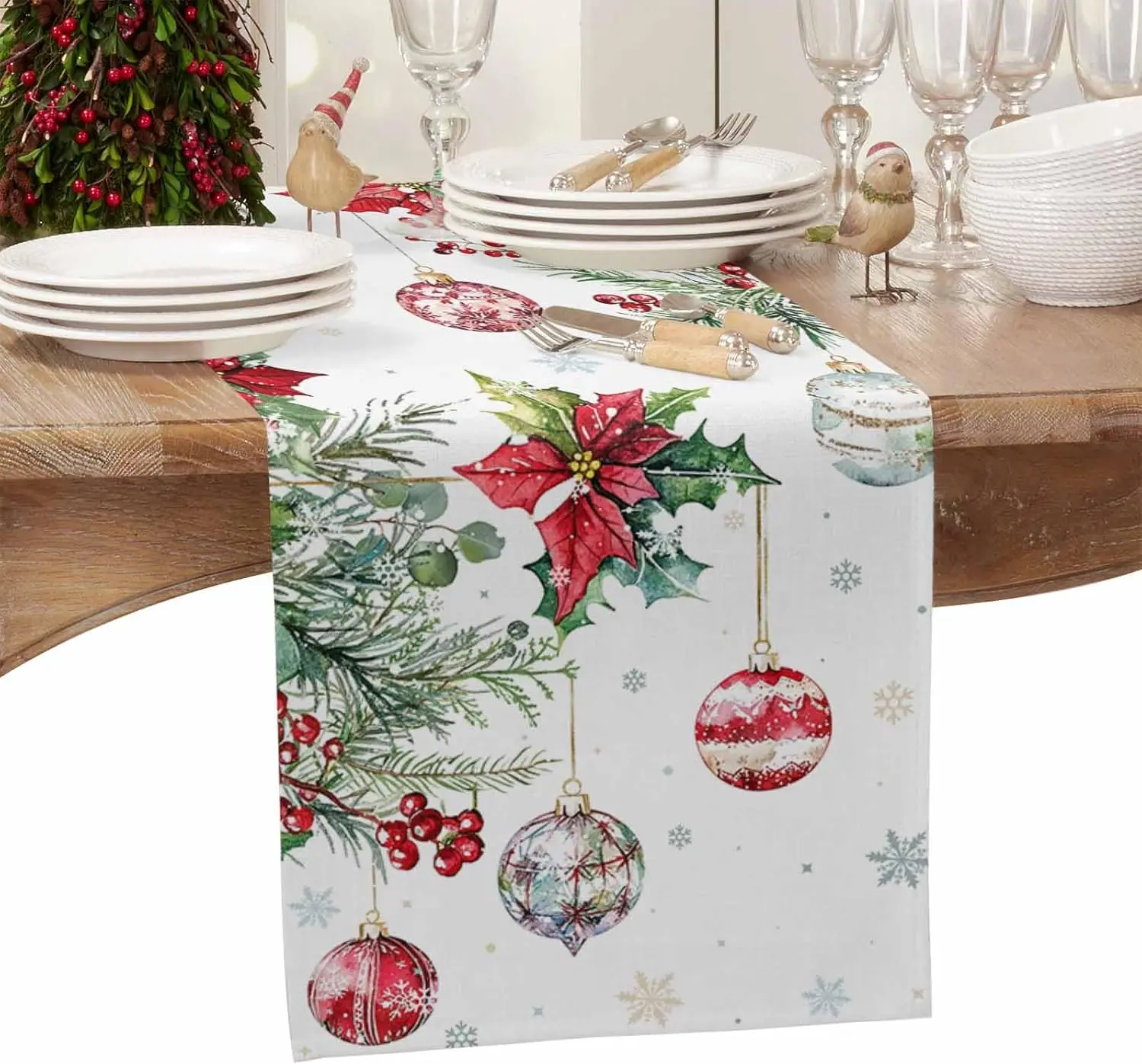 Christmas Poinsettia Linen Table Runner Party Decor Winter Xmas Ball Snowflake Kitchen Dining Table Runner Christmas Decorations