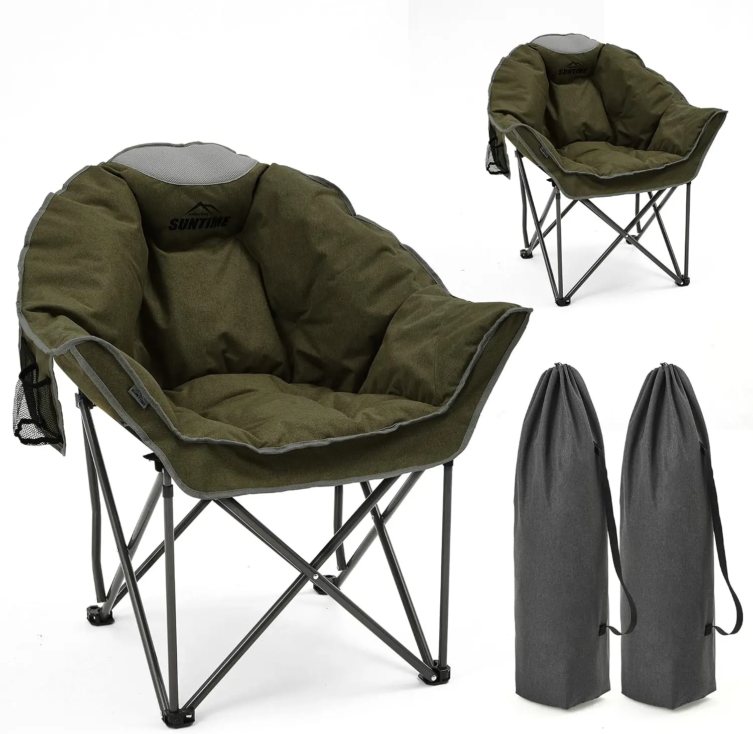 2 Pack Army Green Camping Chairs Adults Oversized Padded Comfy Portable Lawn Heavy Duty Folding Hiking Carry Bag Supports 400 LB