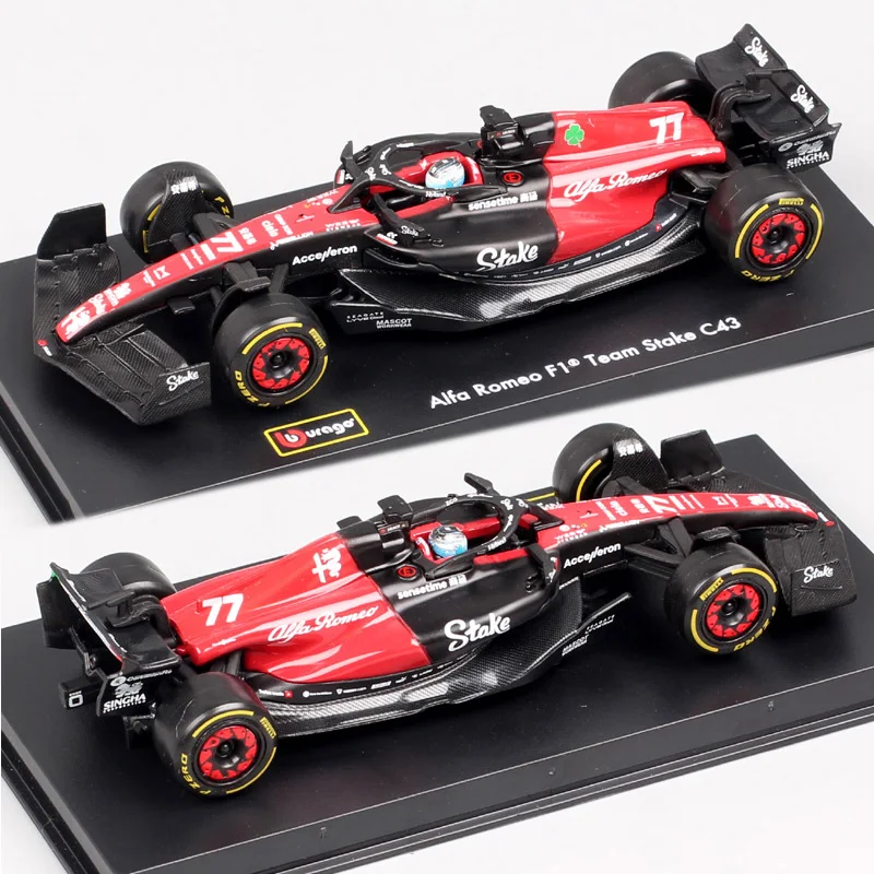 ブラーゴ 1/43スケール 2023 アルファロメオ オルレン C43 # 77 ヴァルテリ・ボッタス GP レーシングカー モデル ダイキャスト＆おもちゃの乗り物 ヘルメット アクリルボックス