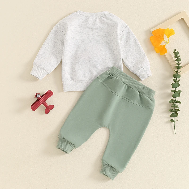 Camisola de manga comprida e calças elásticas para bebé, bordado trator, roupa de 2 peças para criança, roupa de outono