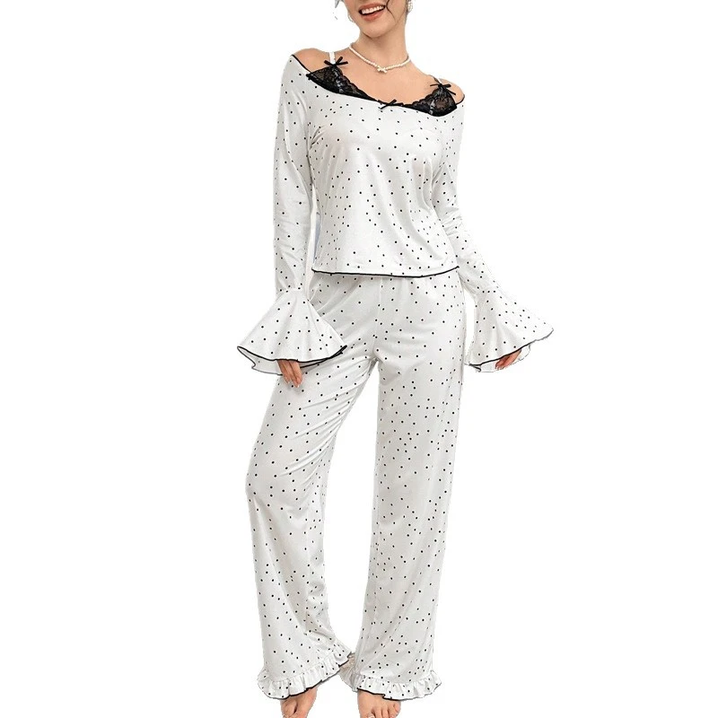 Sexy Off Shoulder 2PCS Pajamas Suit Long Sleeve Lace Top Pant Women Spring Autumn New Loungewear Print Home Clothes Pjs