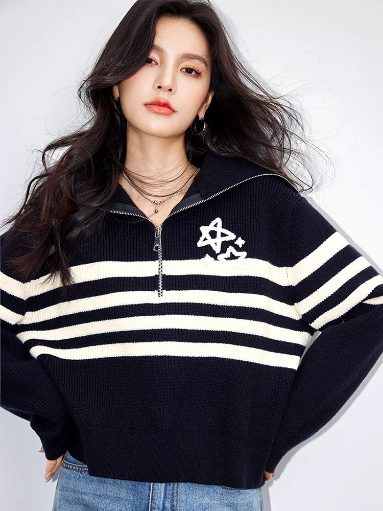 Autumn New Korean Style Fashion Commuting Female Lapel Half Zipper Knitted Tops Women Casual Versatile Striped Pullover Sweater