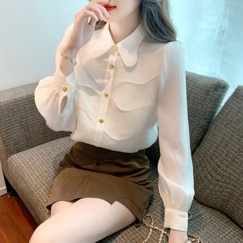 Stylish Patchwork Asymmetrical Blouse Solid Color Female Clothing Single-breasted Spring Autumn New Sweet Peter Pan Collar Shirt