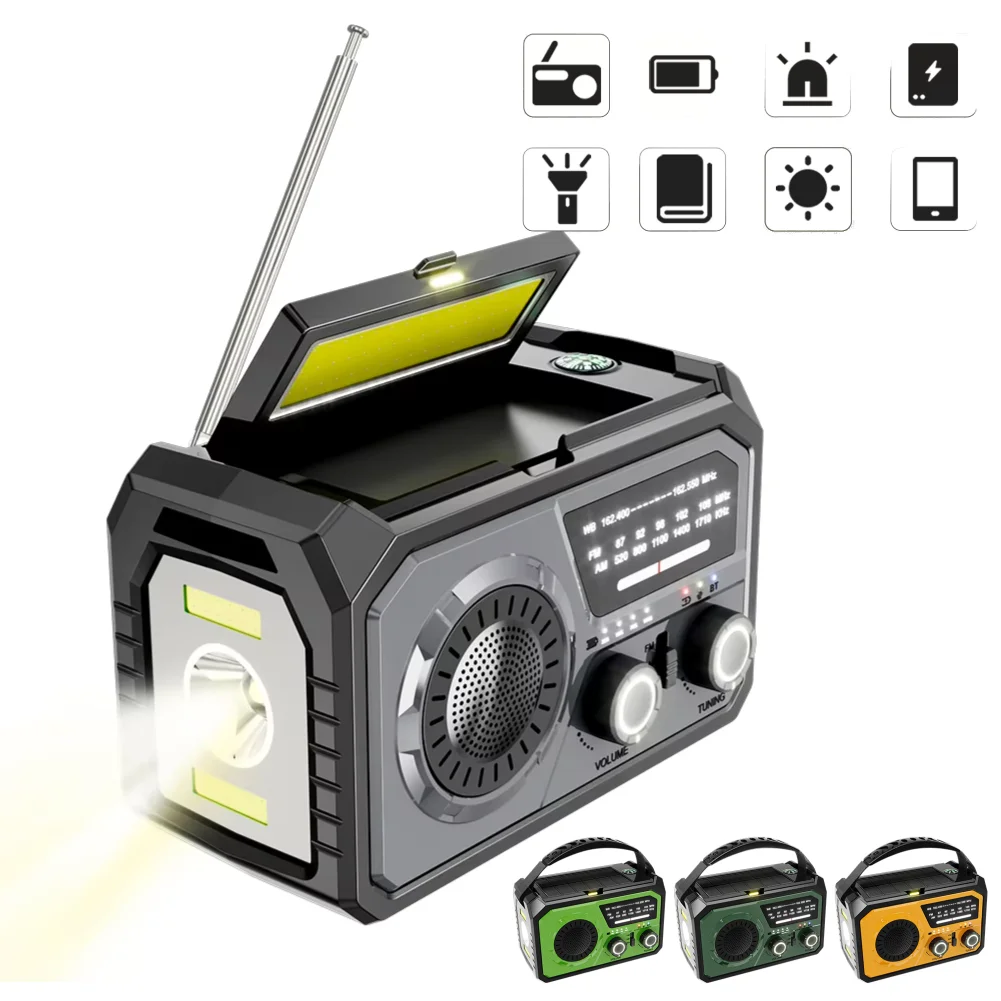 

AM/FM/WB NOAA Emergency Weather Radio 16000mAh Bluetooth Speaker Hand Crank/Solar/Type-C Charging Survival Radio LED Flashlight