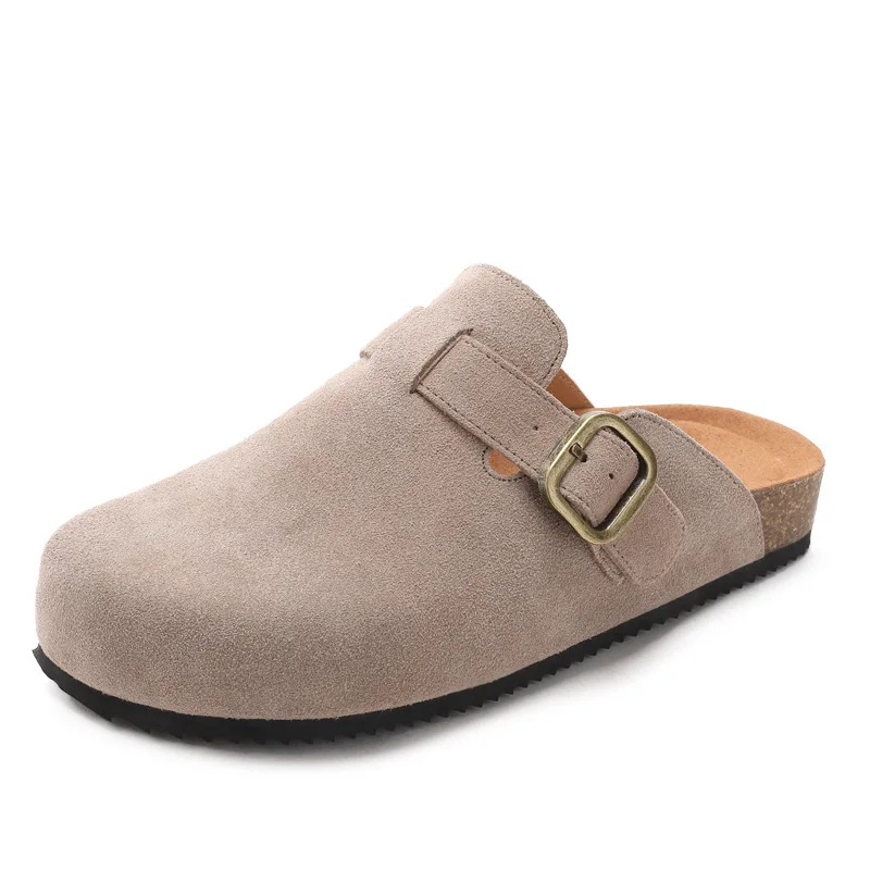 Anti suede cowhide toe wrapped Boken shoes with arched support made of cork worn for lazy women in semi slippers