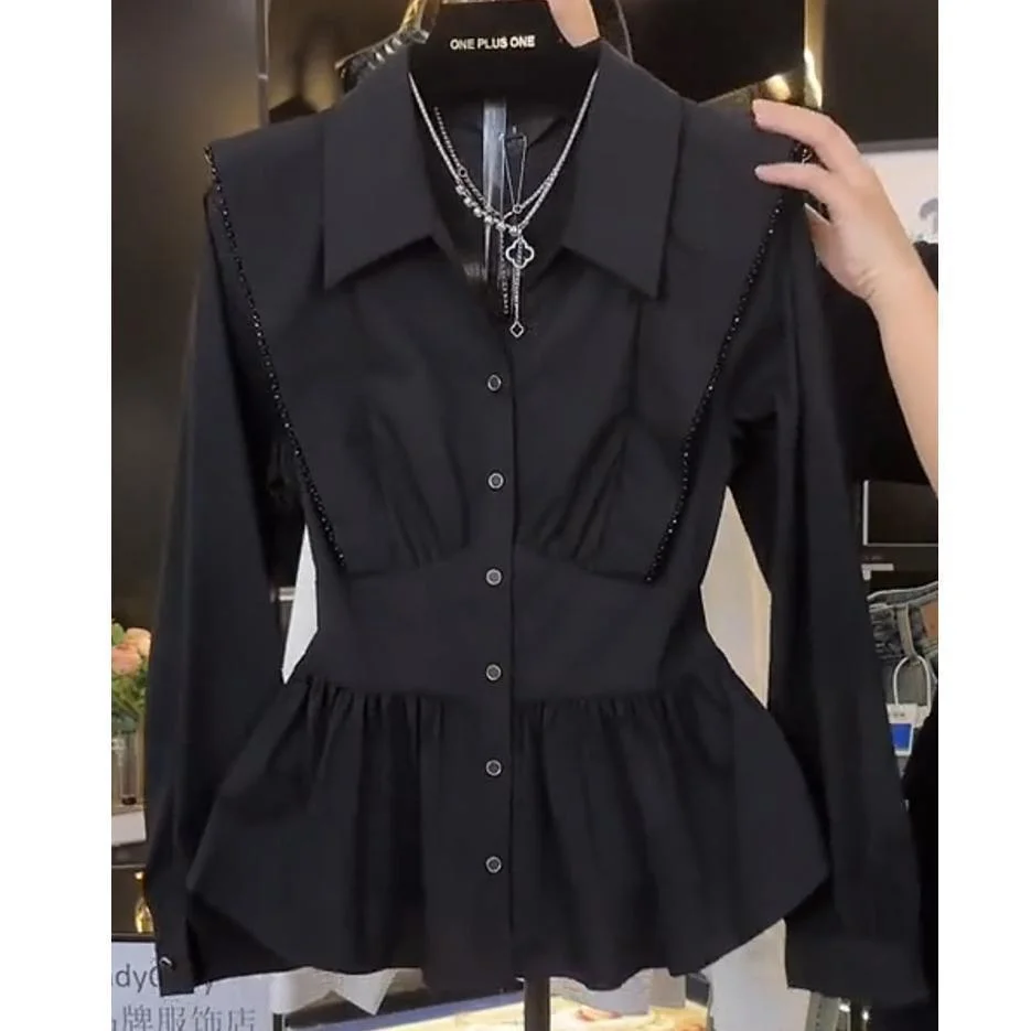 

French Style Pleated Long Sleeved Shirt Women Spring Autumn New Lapel Single Breasted Top Fashionable Versatile Slim Blouse