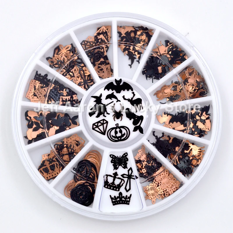 Gemengde 12 Vormen Zwarte Goud Metalen Halloween Kerst Nail Art Decoraties Slice Nail Folie Decals Nep Nagels Accessoires Wiel