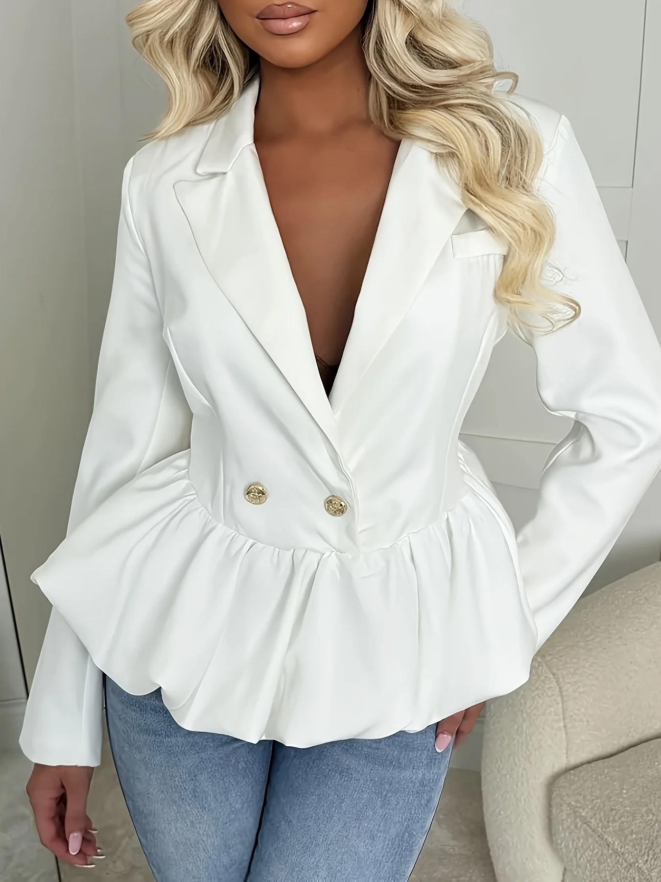 Women's Peplum Blazer Jacket Lapel V-Neck Long Sleeve with Gold Decorative Buttons Fitted Ruffle Hem Professional Outerwear