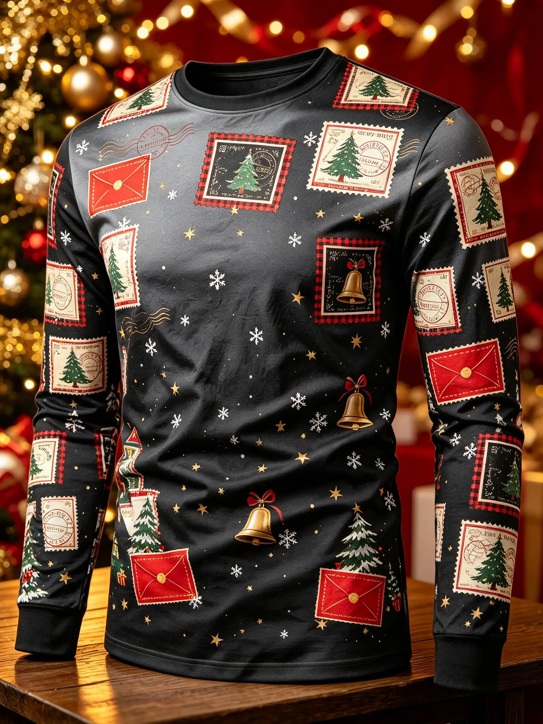 Christmas Stamp Frame Pattern Mens Long Sleeve Tee Red Base Xmas Tree Bell Gift Print Winter Holiday Wear