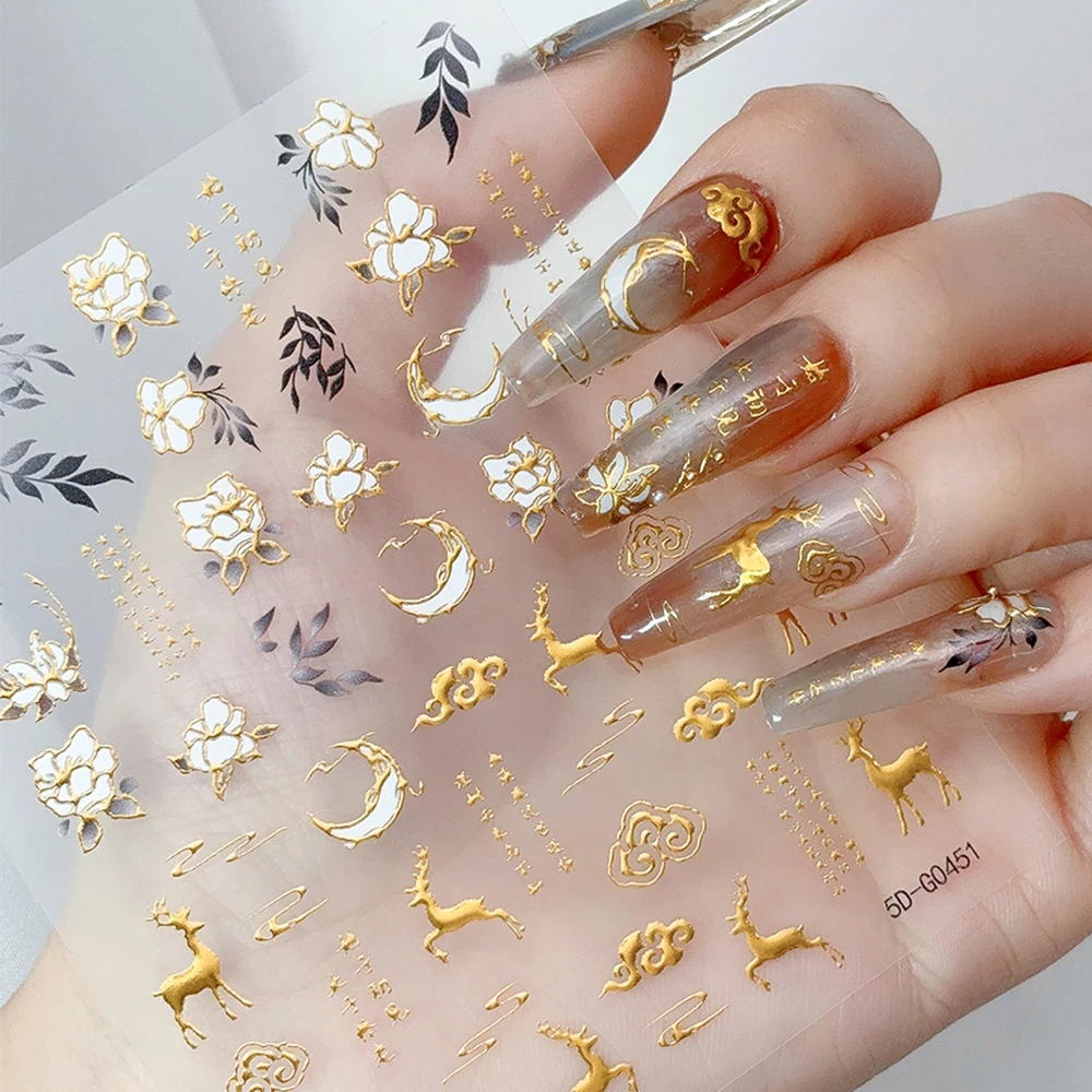 5D ゴールデンゴッドディアムーン縁起の良い雲ネイルステッカー牡丹の花鶴ゴージャスな中国風ネイルデカール DIY マニキュア用品