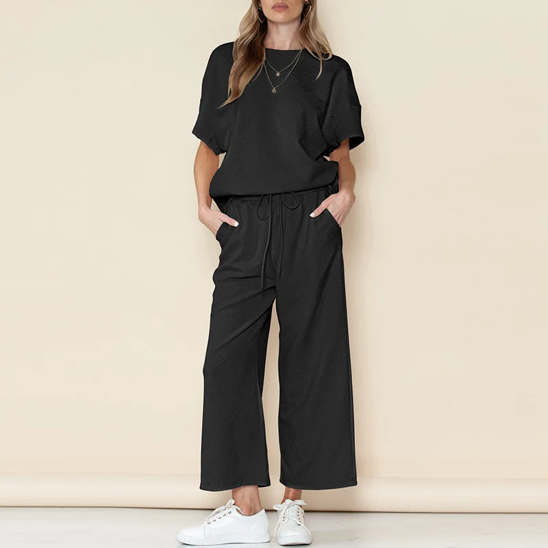 2024 Summer New Leisure Suit Solid Color Texture Leisure Suit Female Thin Loose Meat Drawing Rope Sportswear Female Pant Sets