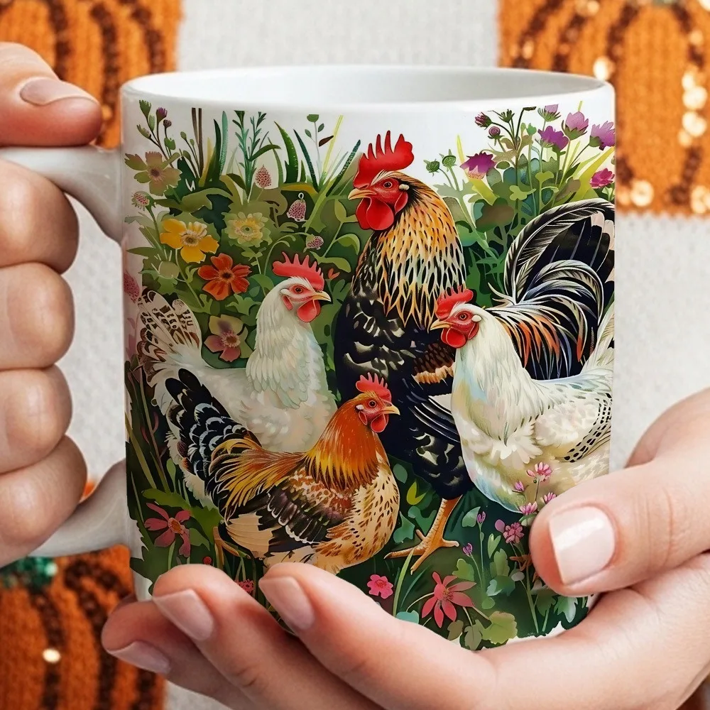 1 Chicken Pattern Ceramic Coffee Mug | Farmhouse Style Coffee Mug, Perfect Gift for Family and Friends, Rooster and Hen Floral Design, Drinking Utensils for Daily Use, Housewarming Gifts