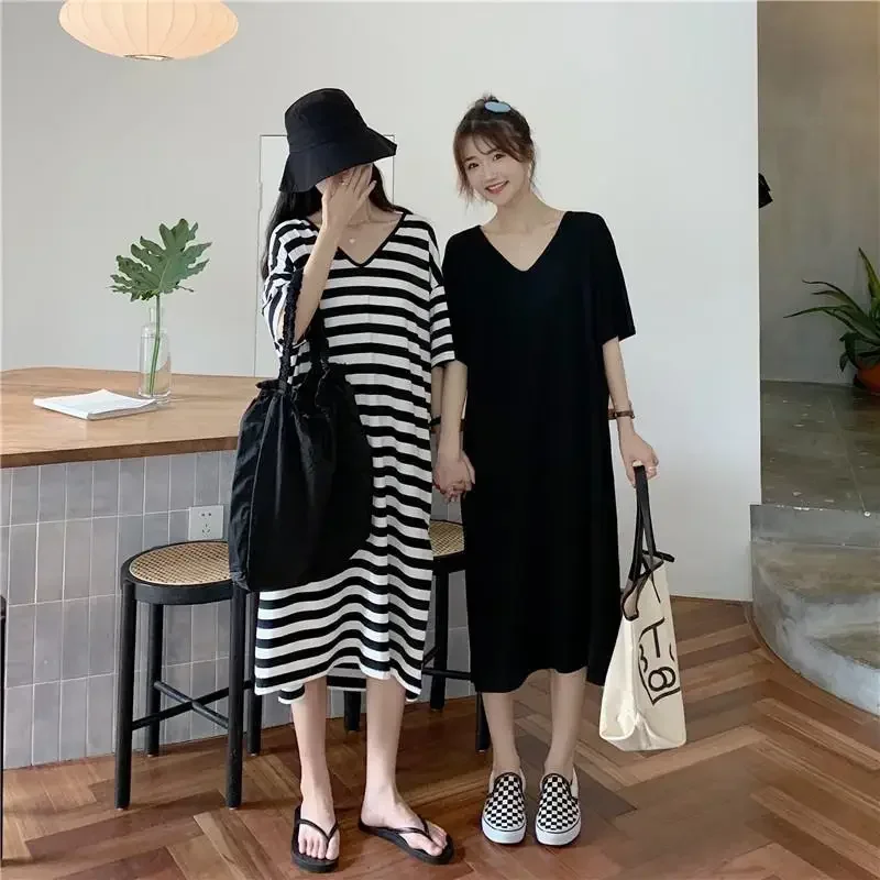 Street Casual a righe allentato T Shirt Dress Summer New manica corta con scollo a V scava fuori il vestito Vintage Trend abbigliamento donna CY373