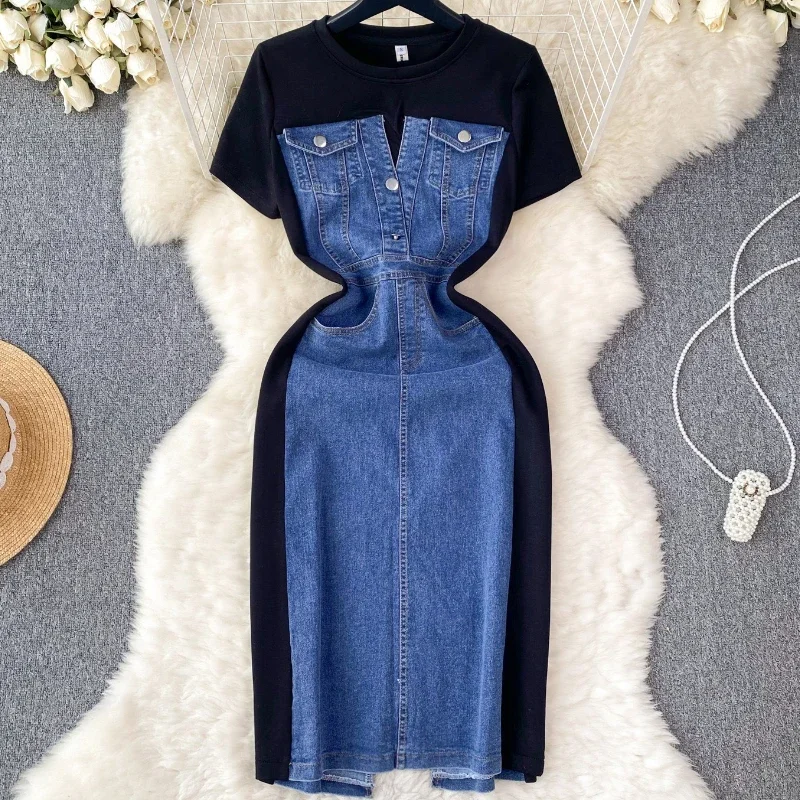 Pop-Stil, elegant, kurzärmelig, schmal, Denim, Patchwork, A-Linie, lässiges T-Shirt-Kleid, Sommer 2022, Geburtstagsparty-Kleid