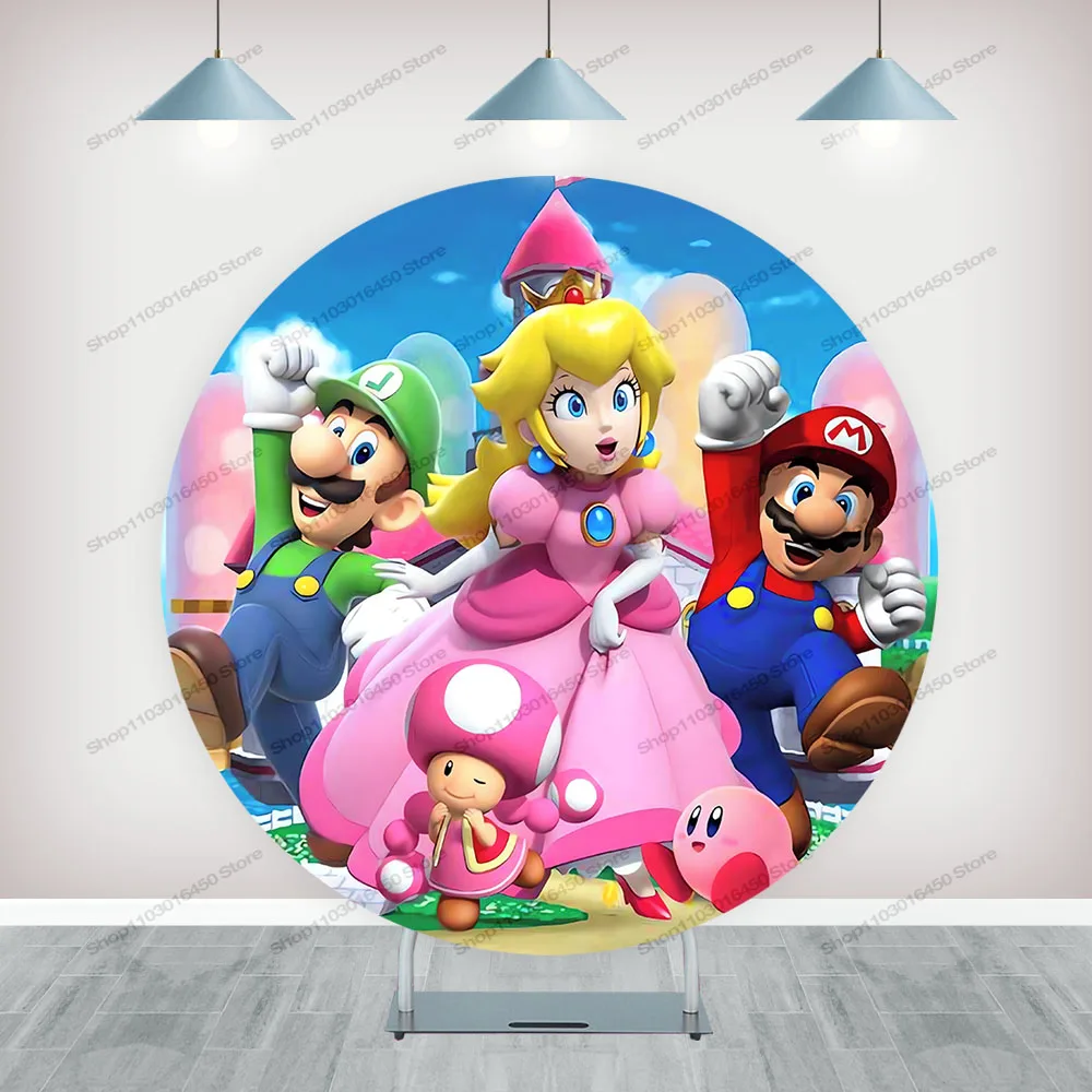 Super Mario Bros Game Round Backdrop Boys 1st Birthday Party Photography Circle Background Banner Cover Circular Figure Decor