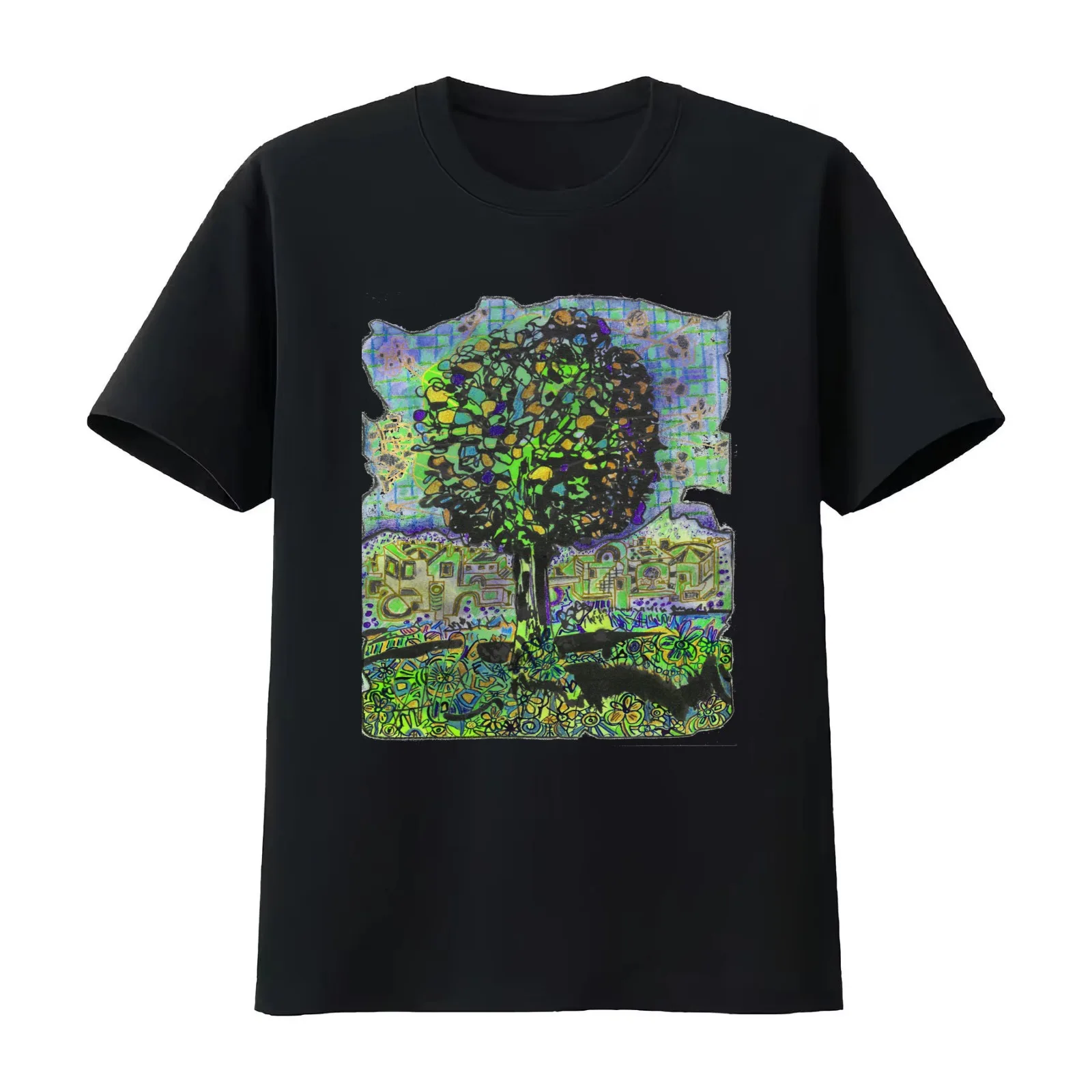 Multicolored connected tree with a slightly more yellow hue T-Shirt Summer Casual Cotton Tee Oversized Streetwear Tops