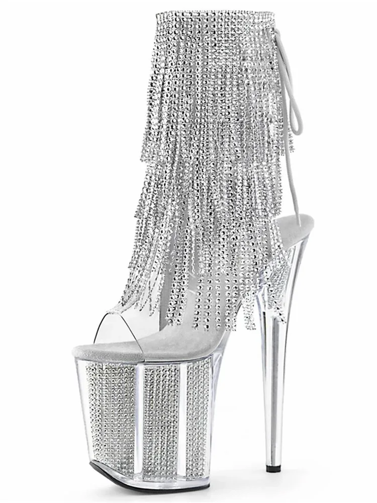 

Pole Dance Shoes Rhinestone Fringe Ankle Platform Boots Peep Toe Sexy Fetish 20cm Nightclub Stripper Heels Women lacing 7inch