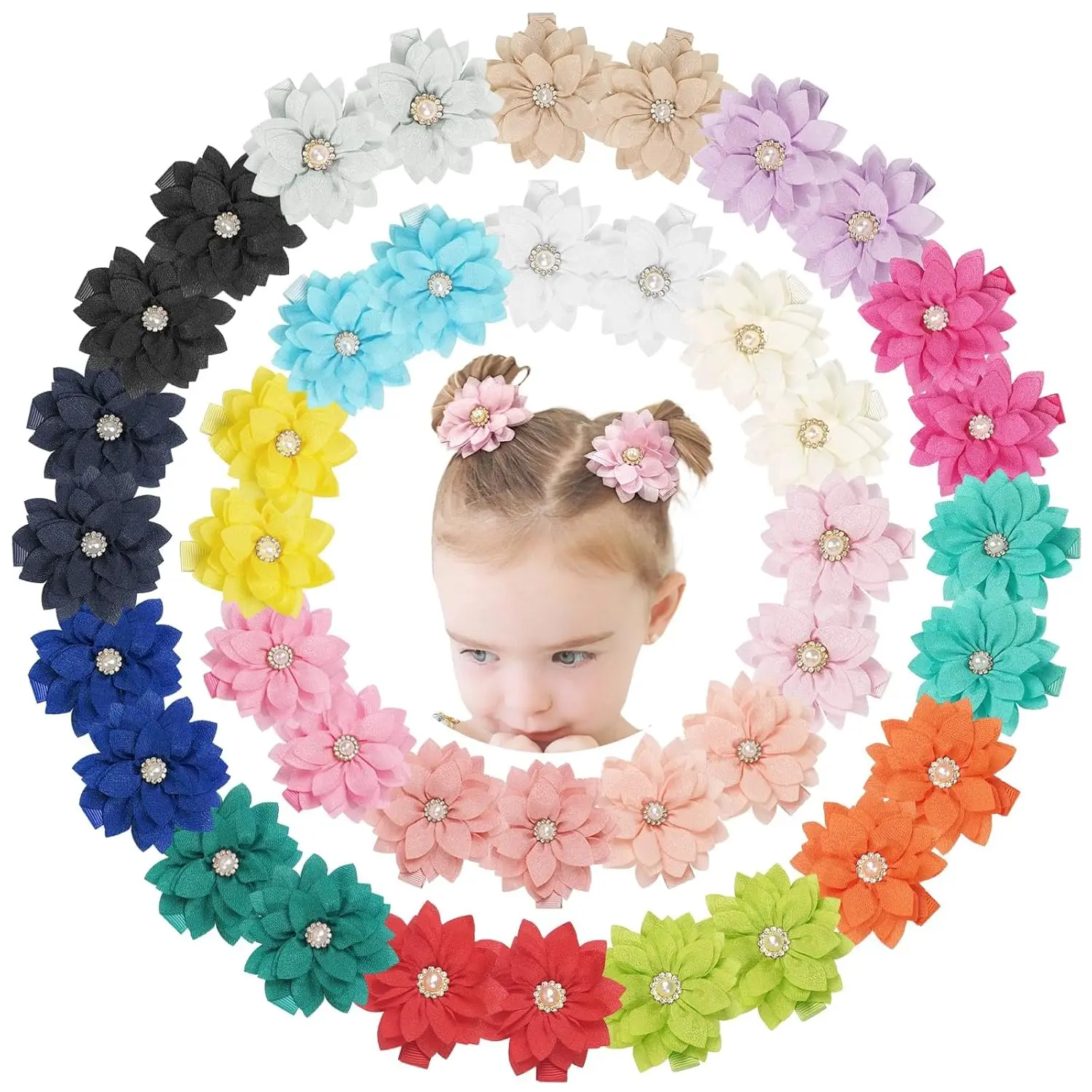 

40PCS 2.3" Chiffon Flower Hair Bows Clips with Rhinestone, Tiny Hair Clips for Girls Infants Toddlers, Set of 20 Pairs