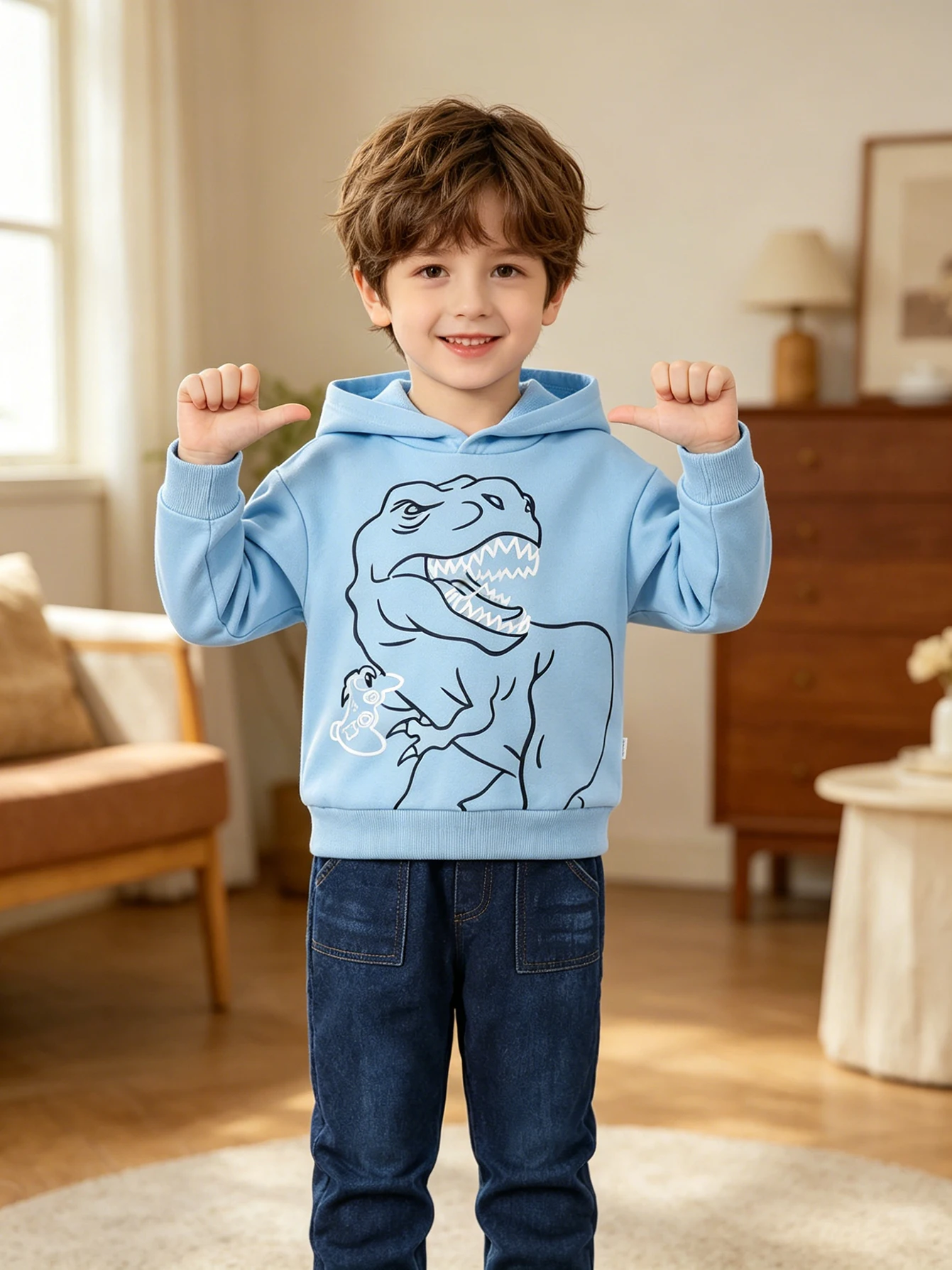 Boys' Spring and Autumn Light Blue Dinosaur Print Hooded Sweatshirt Set, Stylish Casual Long-Sleeve Hoodie with Straight-Leg Jeans Two-Piece Set for Older Children, Versatile Everyday Wear Children's Clothing