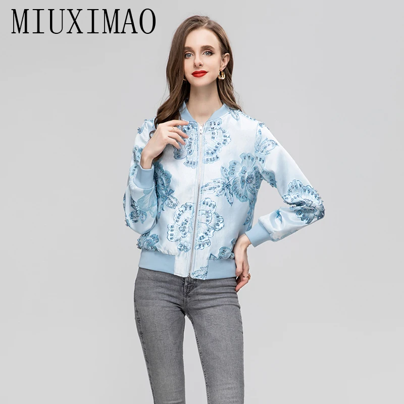 

MIUXIMAO 2023 Office Lady Fall Jacket Jacquard Casual Full Sleeve Diamonds 3D Flower Sky Blue Embroidery Jackets for Women