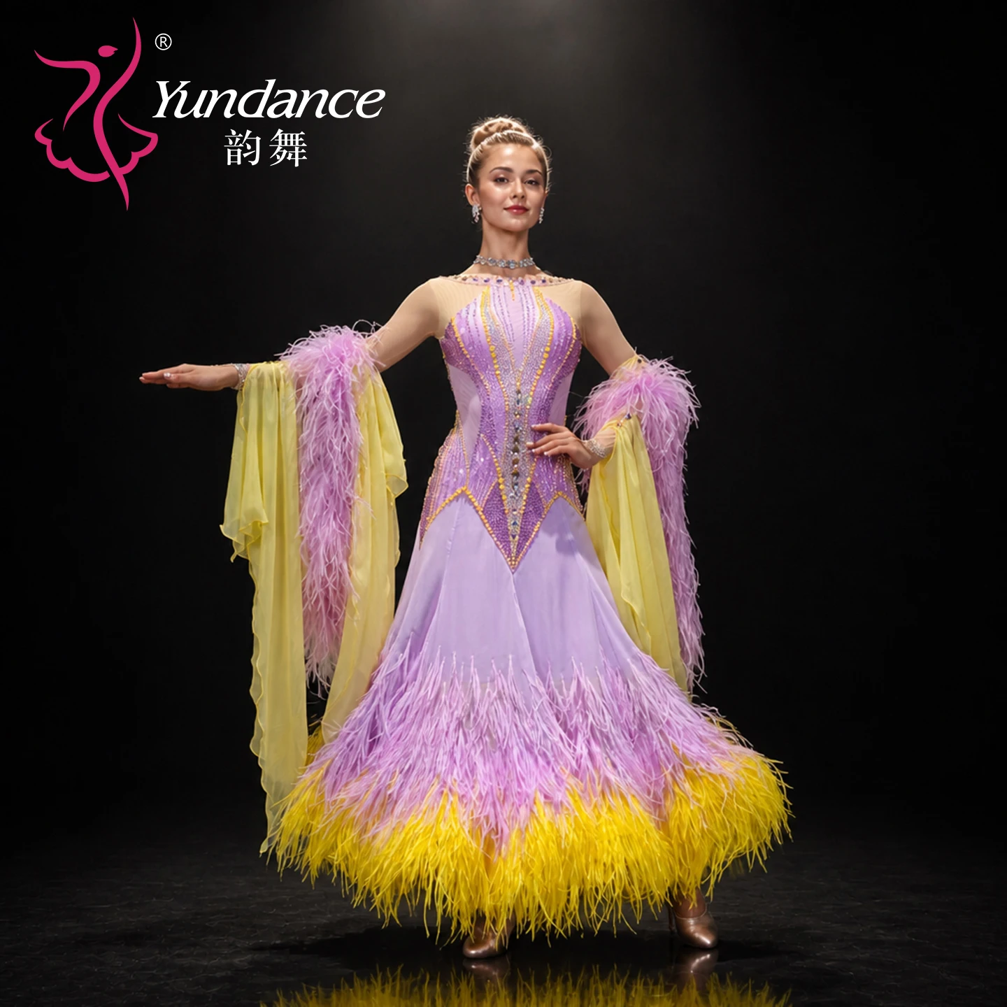 B-26113 Elegant Satin Chiffon Ballroom Dance Dress with Puffy Feathers Luxury Women Standard Modern Waltz Competition Gown