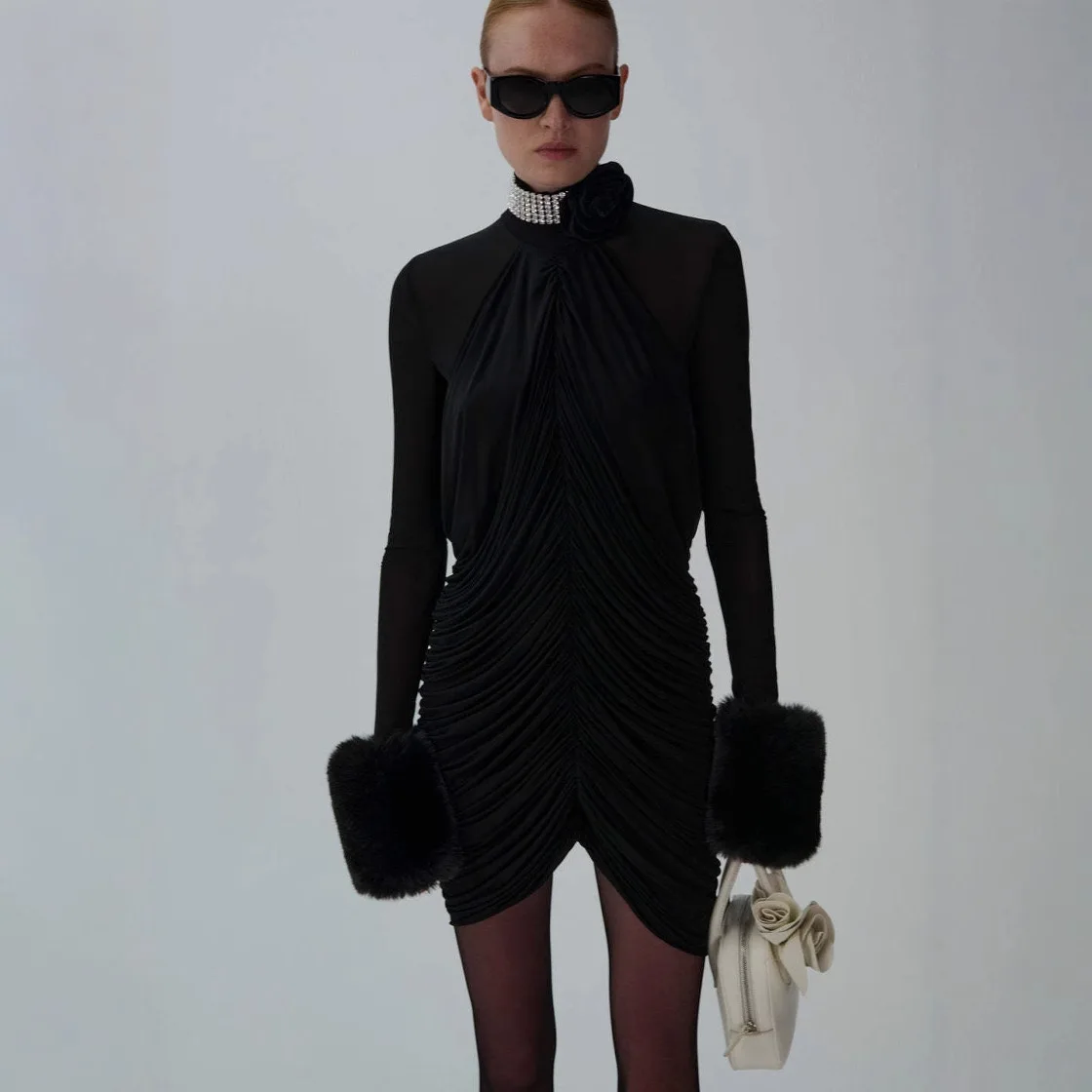 

Party Club Wear Black Turtle Neck Mesh Patchwork Short Dress Fur Long Sleeves Diamond Flower Chain Ruched Slim Cocktail