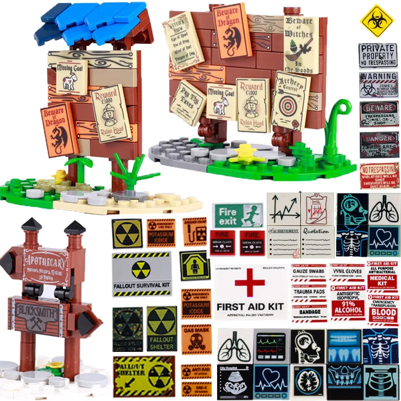 Military Building Blocks Medieval Printing Bricks Gifts Toys WW2 Supplies Bulletin Board Scene Accessories Radiation Sign MOC