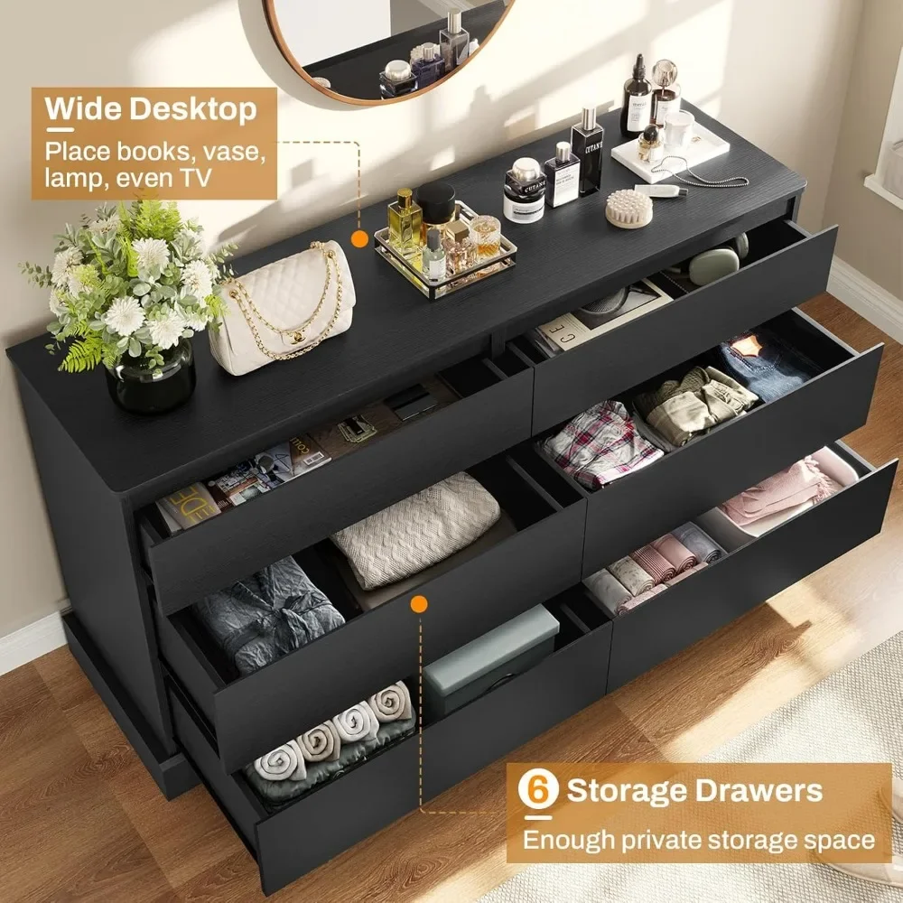 Drawer Double Dresser, Wooden Storage Chest of Drawers, Large Capacity Clothing Storage Cabinet, Wide Dresser for Bedroom