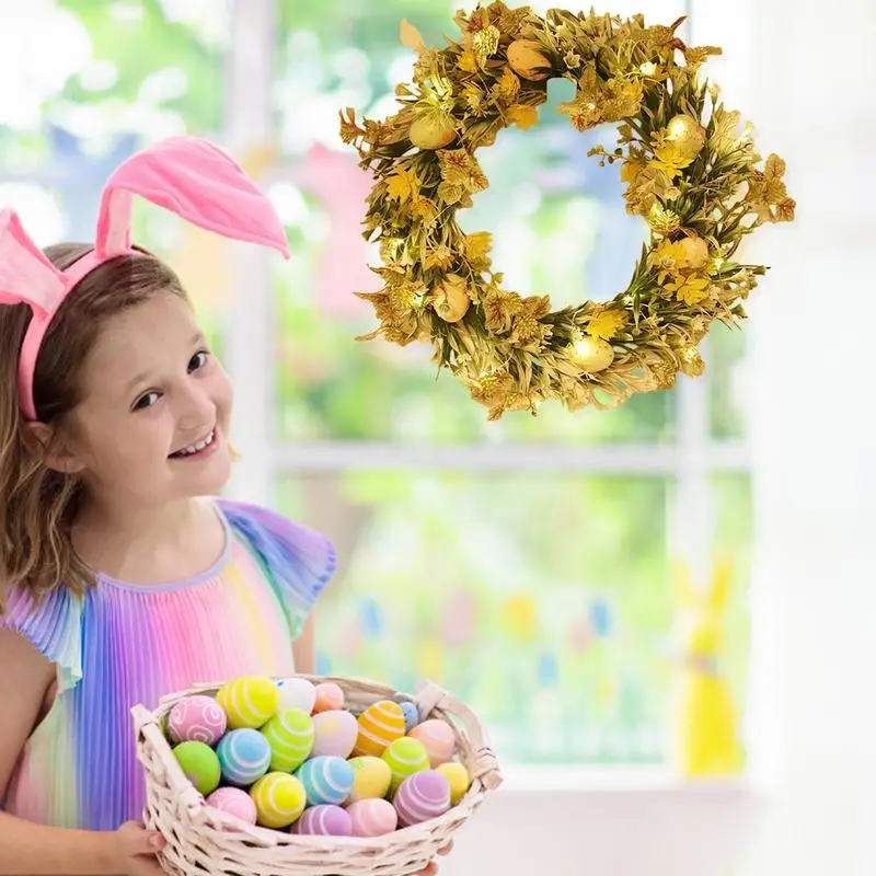 Colorful Flower Egg Wreath Easter Spring Wreath With LED Lights Door Wreath Christmas Easter Halloween Home Hanging Decorations