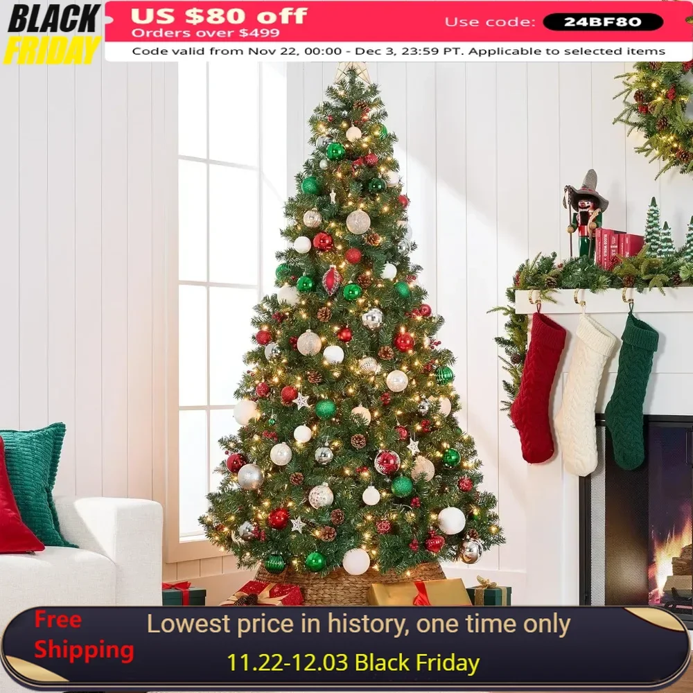 

9ft Artificial Christmas Tree W/ 2,128 Tips,Pre-Lit Pre-Decorated Spruce Hinged Pinecones, Berries, 900 Lights,Christmas Trees