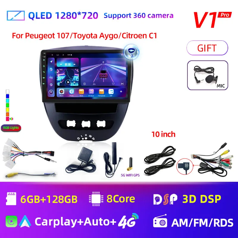 Android 13 2 Din Auto Multimedia Speler Voor Peugeot 107 Toyota Aygo Citroen C1 2005-2014 Head Unit Stereo GPS navigatie BT WIFI