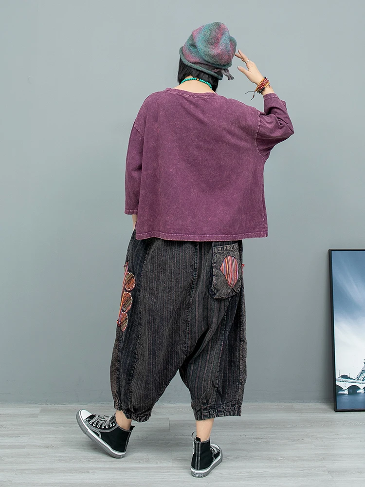 Heavy Industry Hand Embroidered Pant Set Long Sleeve T-shirt + Old Cloth Big Crotch Pants Two Piece Set Women Autumn LX2519