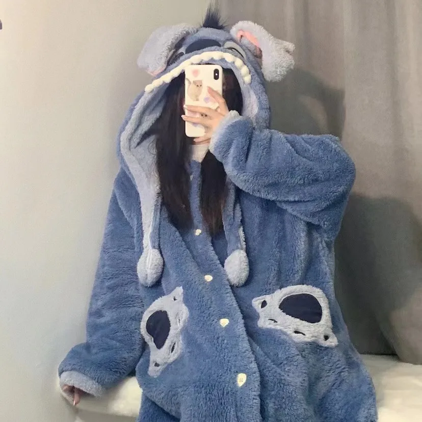 Disney Cartoon Cute Stitch Cosplay Nightgown Winter Long Wool Comforter Melody Homewear Thickened To Wear Comfortable Pajamas