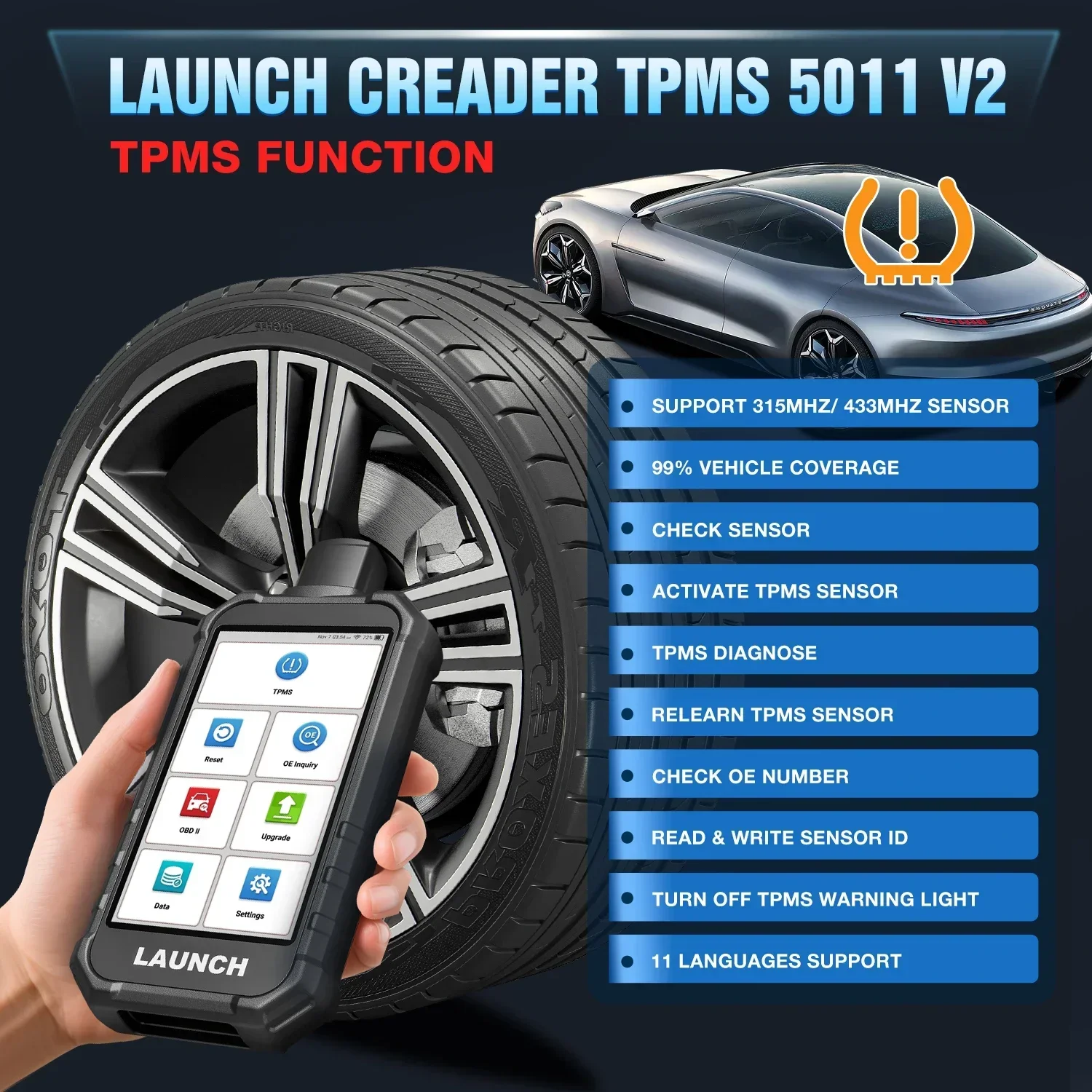 LAUNCH X431 Creader TPMS 5011 V2 Tire Pressure Programming Sensor Scanner Tool Supports All 315/433MHz with 12 Service Functions