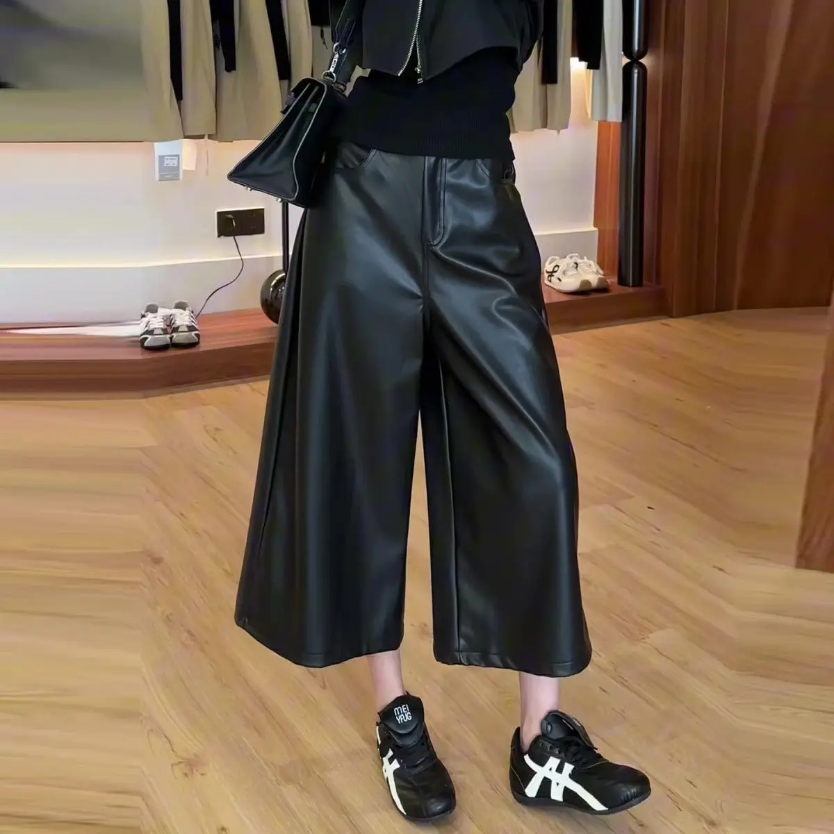 Black Pu Elastic Waistband Leather Pants For Women In Autumn And Winter, With A Slimming Effect. Nine Point Straight Leg Pants