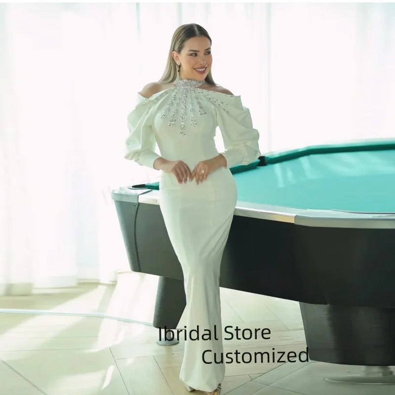 

Customized Elegant Arabia Prom Dresses Straight Long Sleeves Halter Muslim Formal Evening Dresses Women Party Gowns Major Bead